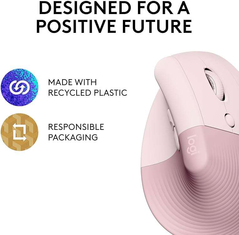 Logitech Lift Vertical Ergonomic Mouse, Wireless, Bluetooth or Logi Bolt USB Receiver, Quiet clicks, 6 Buttons, Compatible with Windows/macOS/iPadOS, Laptop, PC - Rose - Image 6