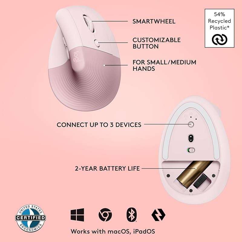 Logitech Lift Vertical Ergonomic Mouse, Wireless, Bluetooth or Logi Bolt USB Receiver, Quiet clicks, 6 Buttons, Compatible with Windows/macOS/iPadOS, Laptop, PC - Rose - Image 7