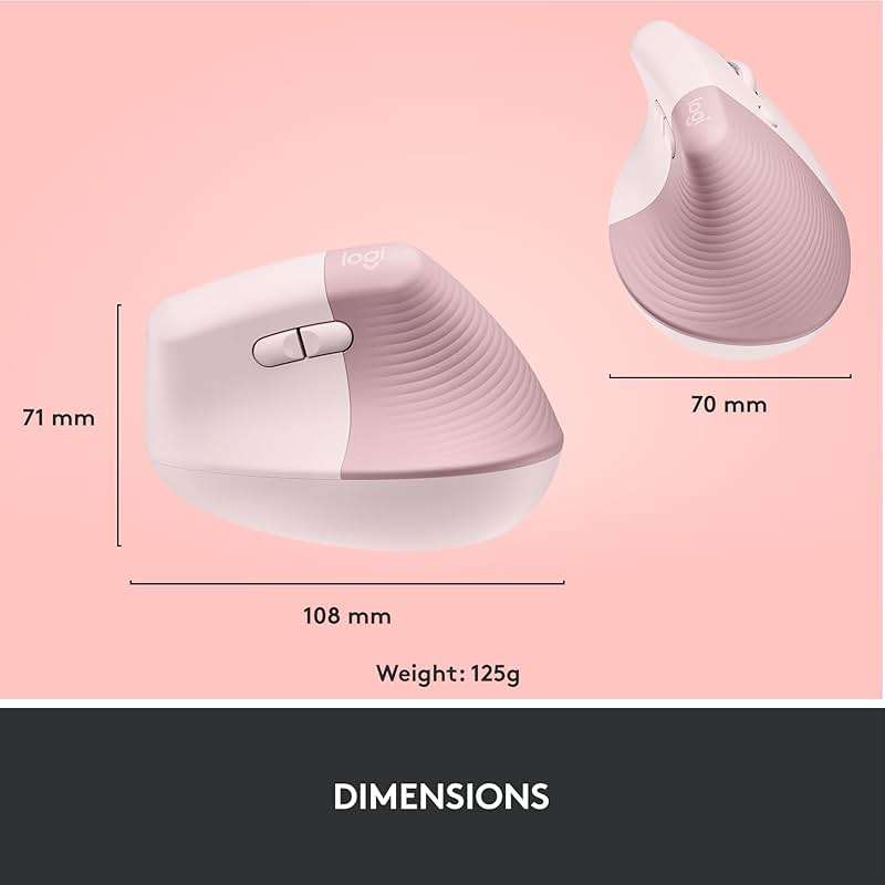 Logitech Lift Vertical Ergonomic Mouse, Wireless, Bluetooth or Logi Bolt USB Receiver, Quiet clicks, 6 Buttons, Compatible with Windows/macOS/iPadOS, Laptop, PC - Rose - Image 10
