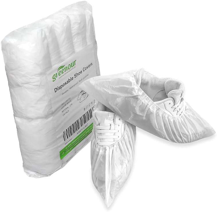 Greenour Shoe Covers Disposable 100 PCS (50 Pairs) Waterproof and Durable for Indoors Plastic Boot Covers White - Image 1