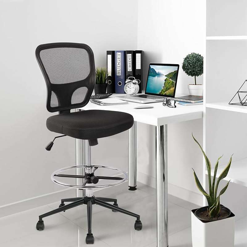 Armless Drafting Chair Tall Office Chair Adjustable Height High Back Ergonomic Desk Chair Drafting Stool Rolling Bar Stools Chairs with Footrest and Wheels - Image 2