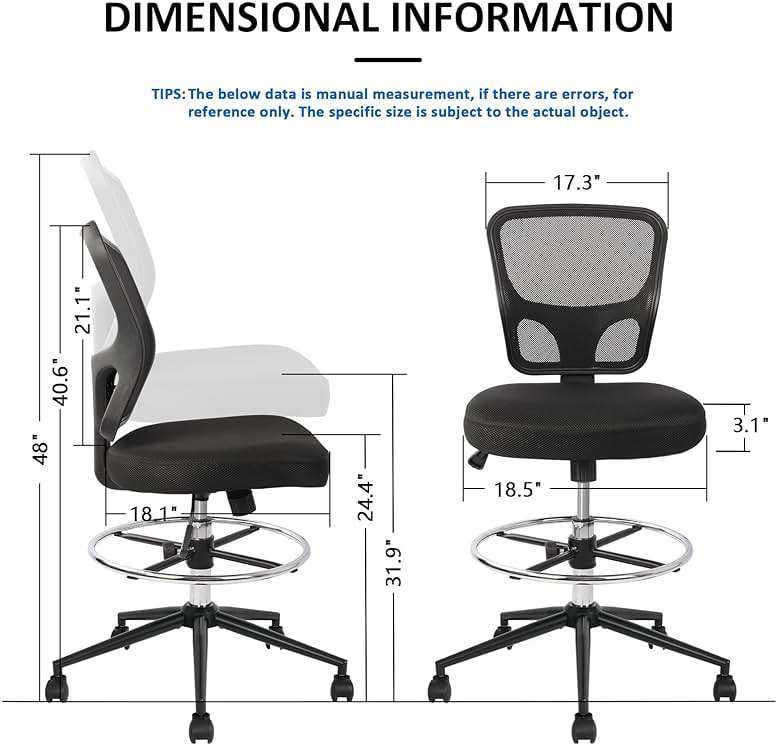 Armless Drafting Chair Tall Office Chair Adjustable Height High Back Ergonomic Desk Chair Drafting Stool Rolling Bar Stools Chairs with Footrest and Wheels - Image 3