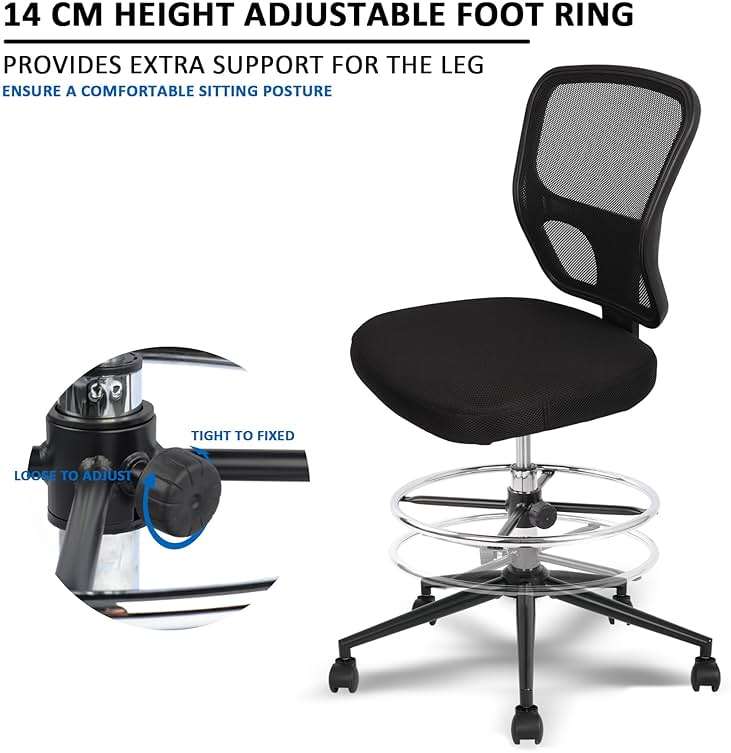 Armless Drafting Chair Tall Office Chair Adjustable Height High Back Ergonomic Desk Chair Drafting Stool Rolling Bar Stools Chairs with Footrest and Wheels - Image 5