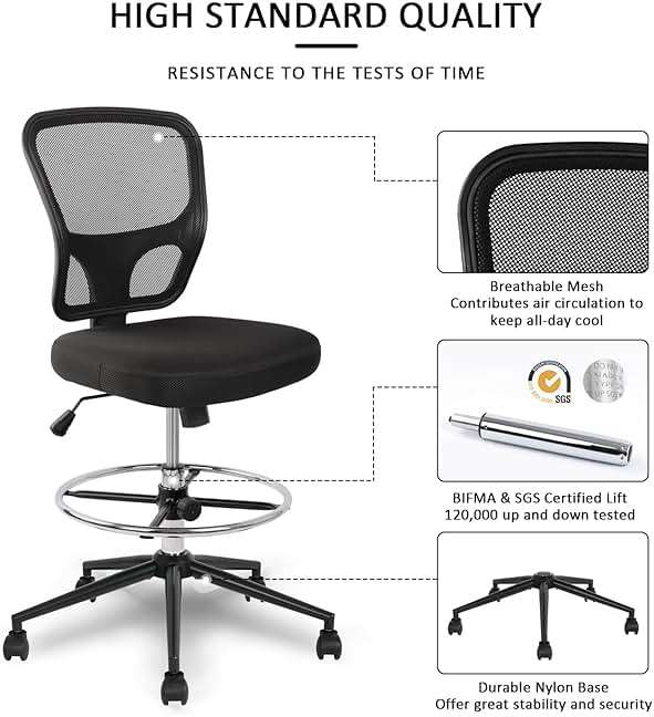 Armless Drafting Chair Tall Office Chair Adjustable Height High Back Ergonomic Desk Chair Drafting Stool Rolling Bar Stools Chairs with Footrest and Wheels - Image 7