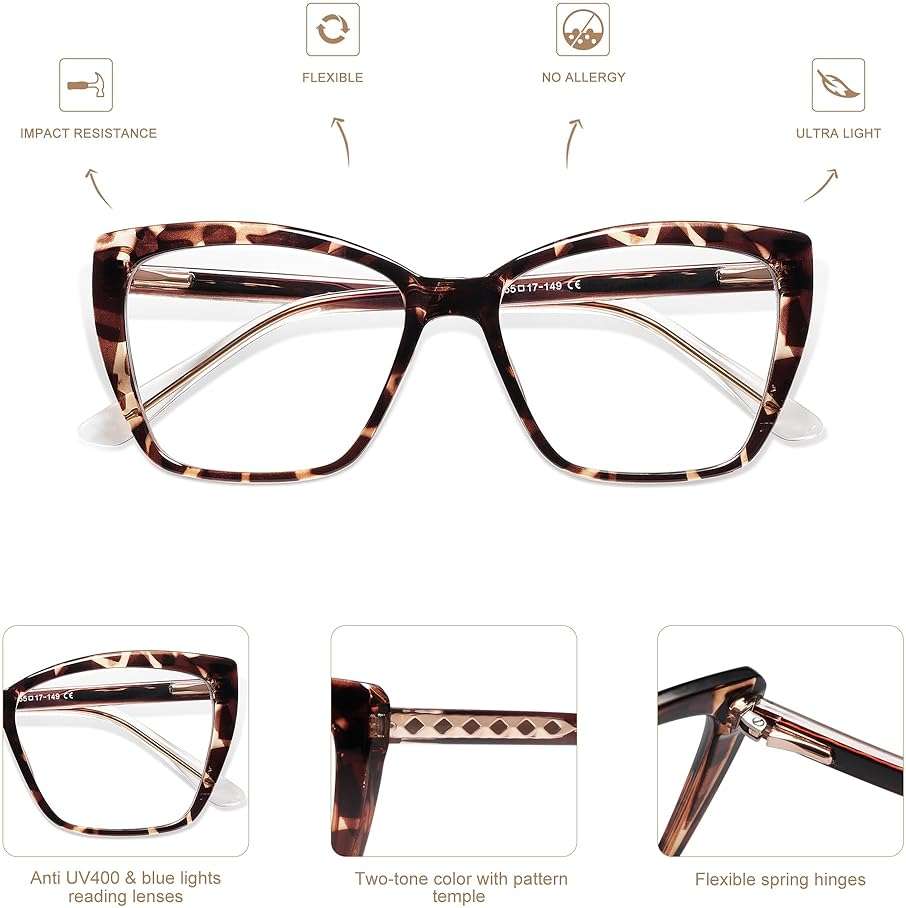 AMOMOMA Trendy TR90 Oversized Blue Light Reading Glasses Women,Stylish Square Cat Eye Glasses AM6031 - Image 5