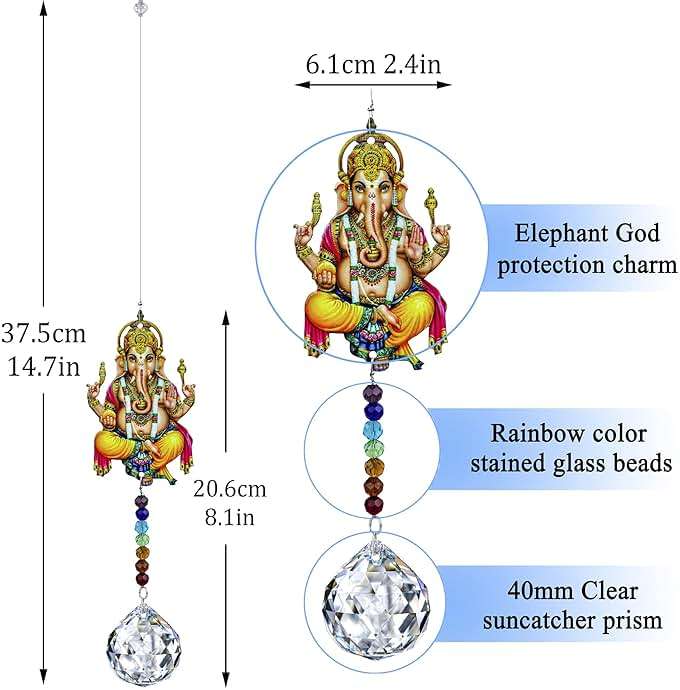 8inch Elephant God Prism Suncatcher Hindu Ganesha Protection Charm Decor Window Garden Wall Hanging Crystal Pendant for Christmas Tree - Image 3