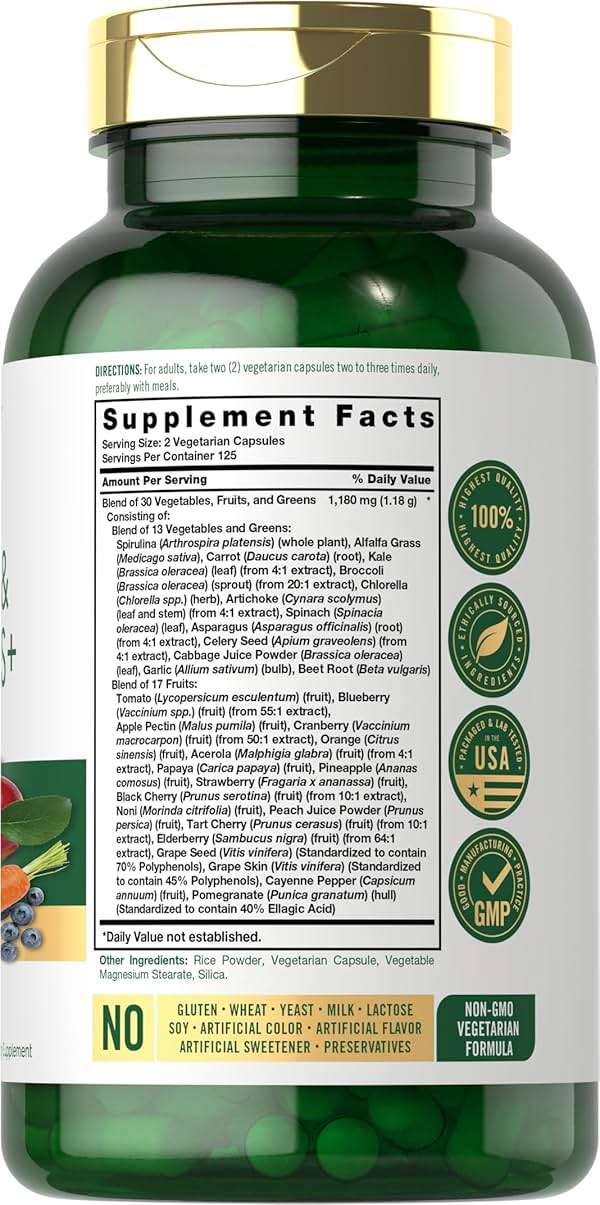 Carlyle Fruits and Veggies Supplement | 250 Capsules | Made with 30 Fruits and Vegetables | Vegetarian, Non-GMO, Gluten Free Superfood Formula - Image 2