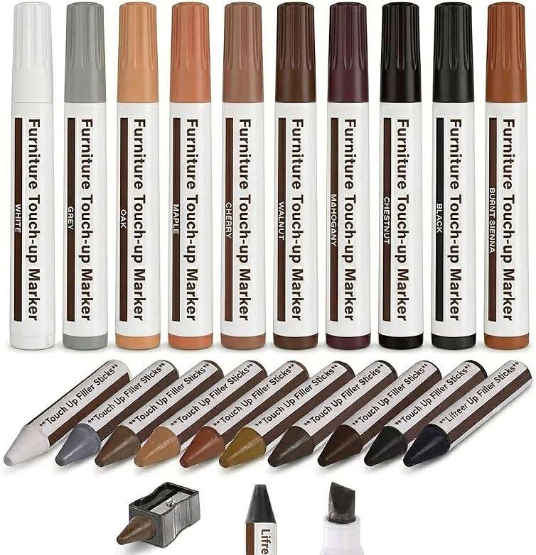 Lifreer Furniture Markers Touch Up Kit, 21 Pcs Wood Scratch Repair Kit with 10 Color Touch Up Pens, Wax Filler Sticks & Sharpener for Wood Floors, Cabinets, Tables, Desks & Bedposts - Image 1