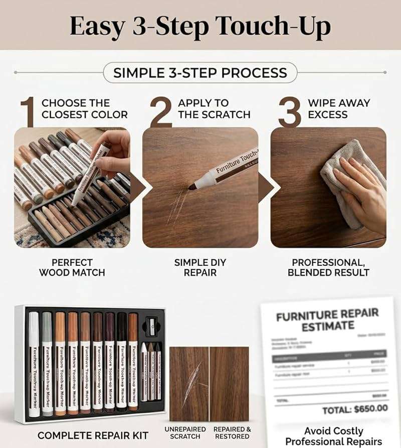 Lifreer Furniture Markers Touch Up Kit, 21 Pcs Wood Scratch Repair Kit with 10 Color Touch Up Pens, Wax Filler Sticks & Sharpener for Wood Floors, Cabinets, Tables, Desks & Bedposts - Image 4