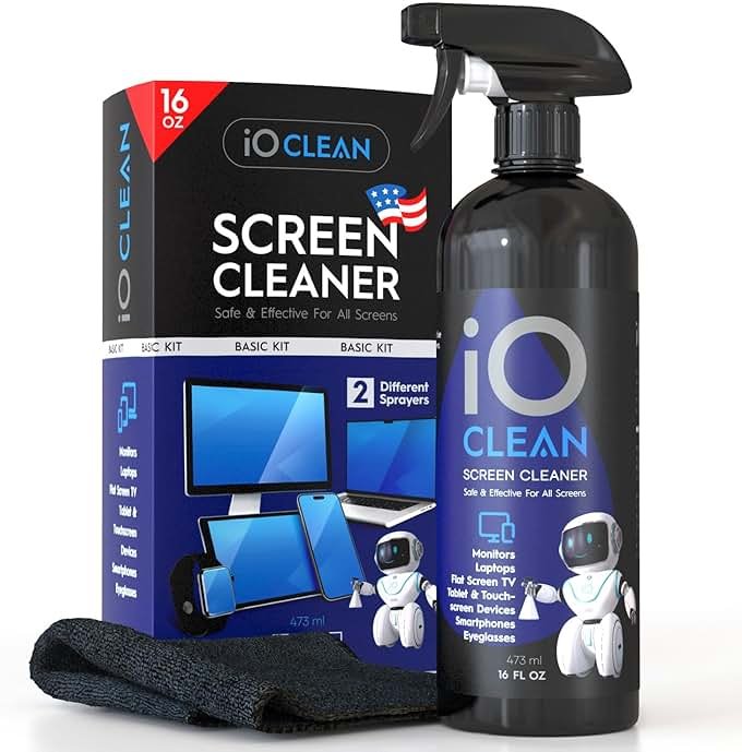 Screen Cleaner Spray (16oz - 473ml) – Best Large Cleaning Kit for LCD LED OLED TV, Smartphone, iPad, Laptop, Touchscreen, Computer Monitor, Electronic Devices, Microfiber Cloth Wipes and 2 Nozzles - Product Image