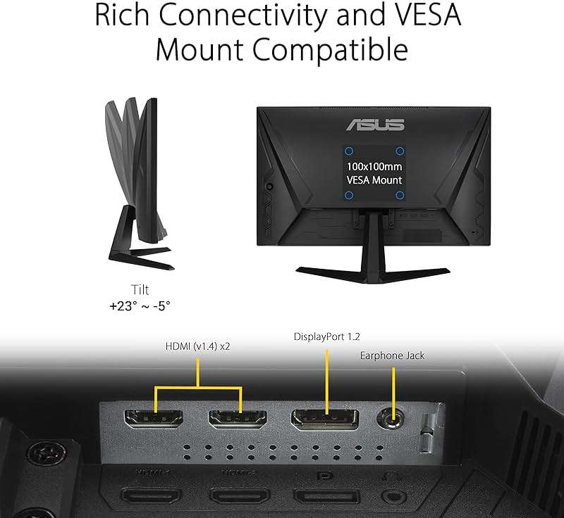 ASUS TUF Gaming 24” 1080P Monitor (VG247Q1A) - Full HD, 165Hz (Supports 144Hz), 1ms, Extreme Low Motion Blur, Adaptive-sync, FreeSync Premium, Shadow Boost, Speakers, Eye Care, HDMI, DisplayPort - Image 5