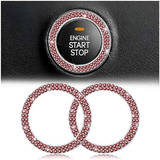 Car Bling Crystal Rhinestone Engine Start Ring Decals, 2 Pack Car Push Start Button Cover/Sticker, Key Ignition Knob Bling Ring, Sparkling Car Interior Accessories for Women (Double Red) - Image 1