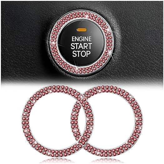 Car Bling Crystal Rhinestone Engine Start Ring Decals, 2 Pack Car Push Start Button Cover/Sticker, Key Ignition Knob Bling Ring, Sparkling Car Interior Accessories for Women (Double Red) - Product Image