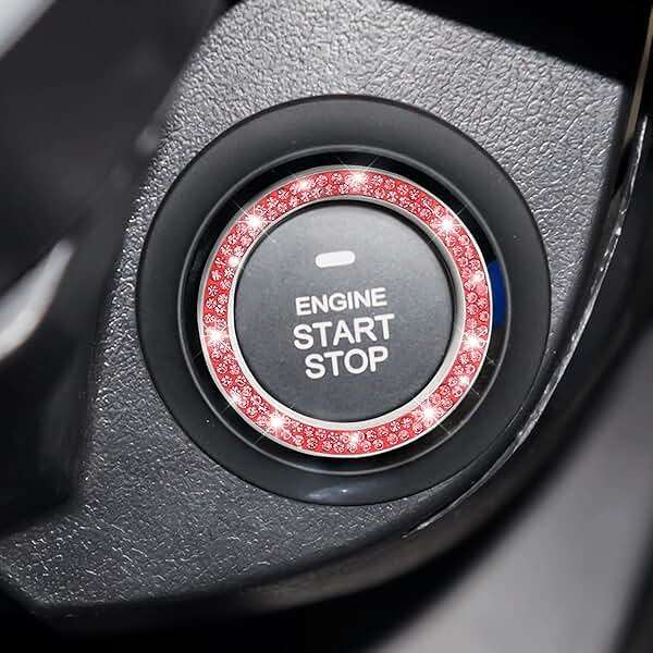 Car Bling Crystal Rhinestone Engine Start Ring Decals, 2 Pack Car Push Start Button Cover/Sticker, Key Ignition Knob Bling Ring, Sparkling Car Interior Accessories for Women (Double Red) - Image 6