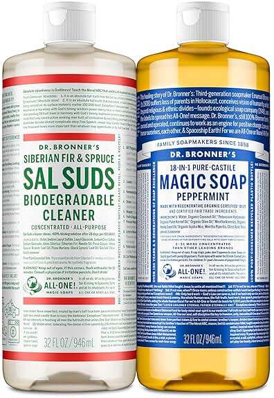 Dr. Bronner’s Pure-Castile Magic Soap Variety Pack & Sal Suds Biodegradable Cleaner Liquid Body Soap, All-Purpose Cleaner, Vegan, Cruelty-Free, Non-GMO, Peppermint Pure-Castile Liquid 32 oz & Sal Suds - Image 1