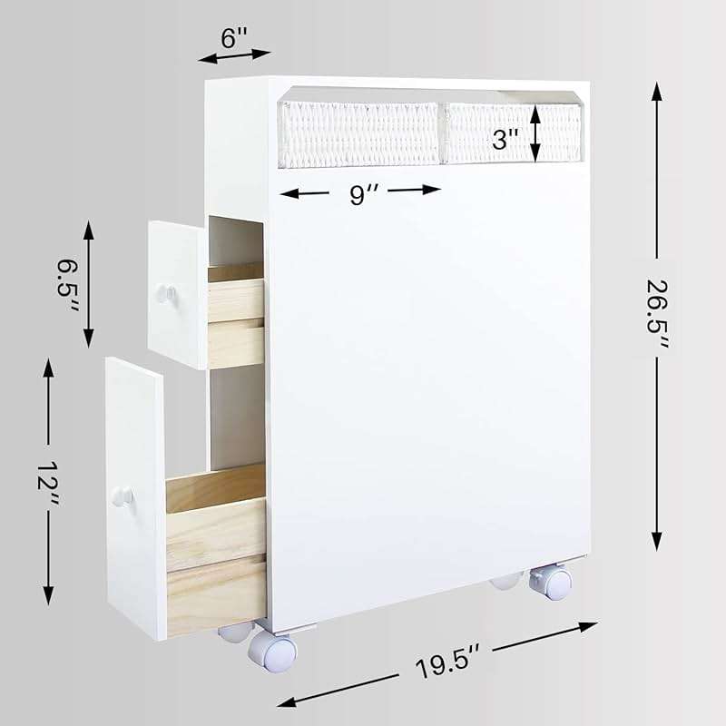 MASAKA B&W Movable Bathroom Storage Cabinet with 2 Drawers and Shelf, Toilet Paper Storage, Corner Shelves, Bathroom Furniture Sets, Side Organizer Toilet - Image 3