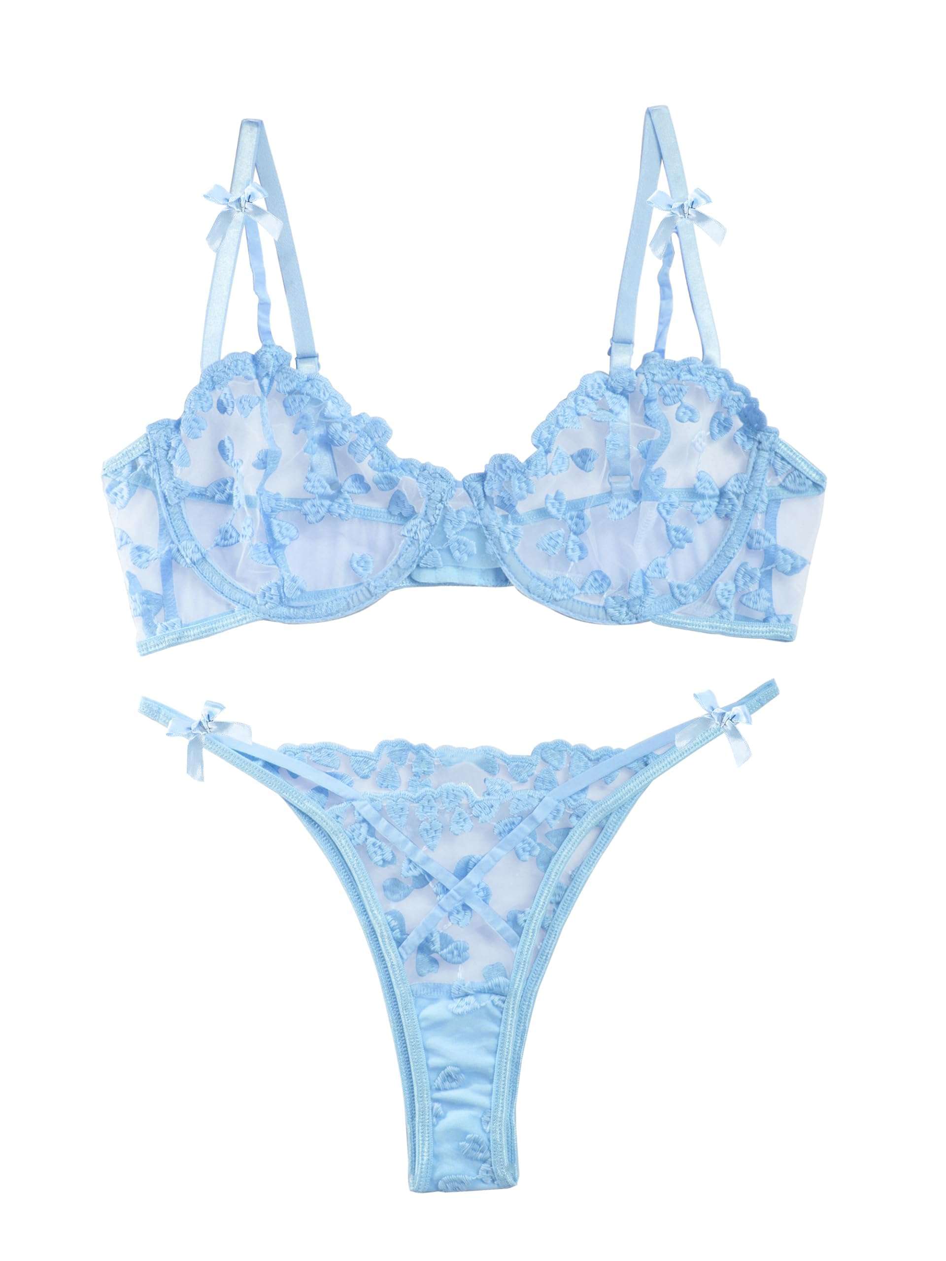Lilosy Sexy Underwire Cute Push Up Strappy Embroidered Mesh Sheer Lingerie Set See Through Panty Bra - Image 1