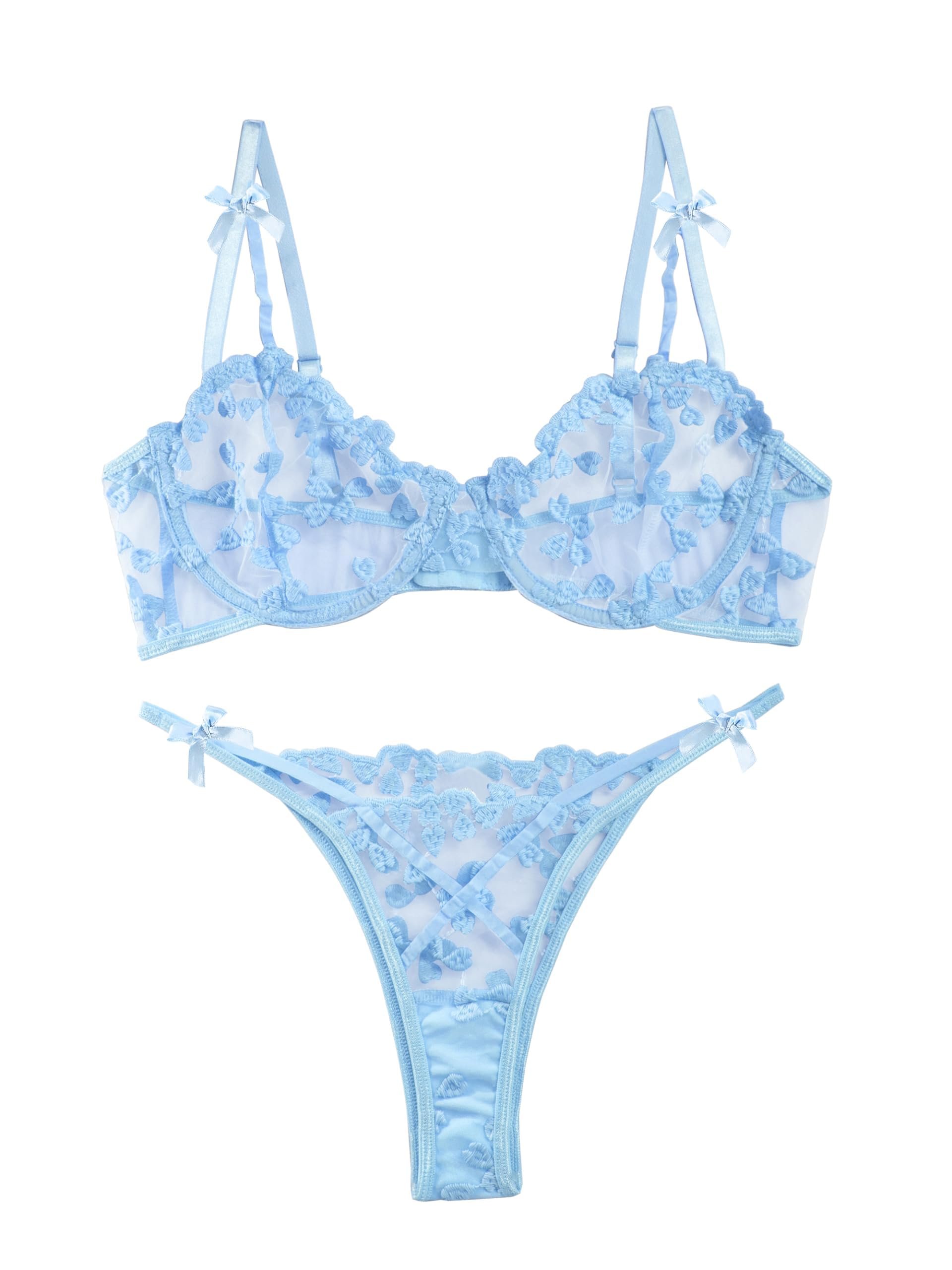 Lilosy Sexy Underwire Cute Push Up Strappy Embroidered Mesh Sheer Lingerie Set See Through Panty Bra - Product Image