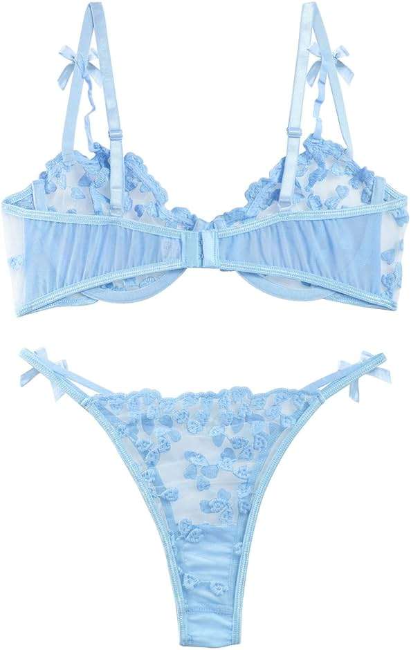 Lilosy Sexy Underwire Cute Push Up Strappy Embroidered Mesh Sheer Lingerie Set See Through Panty Bra - Image 2