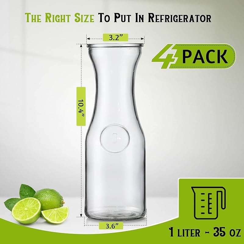 NETANY Set of 4 Glass Carafe with Lid, 1 Liter Beverage Serveware Carafe, Clear Glass Pitcher for Mimosa Bar, Brunch, Cold Water, Juice, Milk, Iced Tea, Lemonade - Image 3