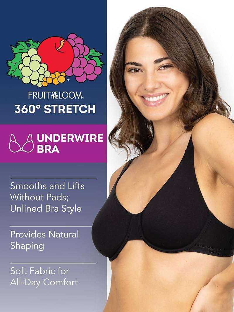 Fruit of the Loom Women's Unlined Underwire Bra - Cotton & Spandex Blend for Natural Shape and Flexibility - Image 5