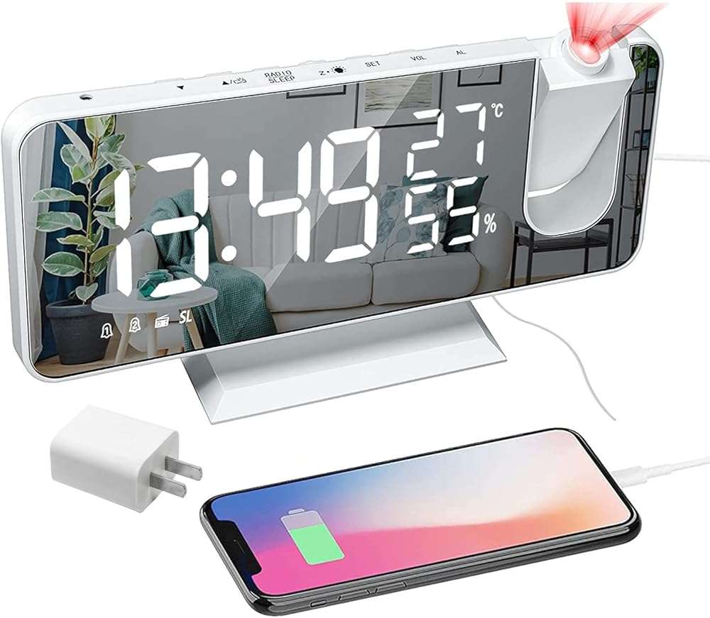 Projection Digital Alarm Clock for Bedrooms, Clock Radio on Ceiling, USB Charger Port, Temperature & Humidity Display, 7.3” Large Mirror LED Display,12/24H,Snooze,Dual Loud Alarm Clock- 4 Dimmer - Image 1