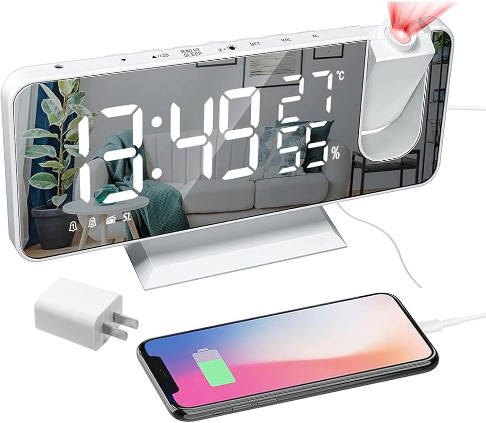 Projection Digital Alarm Clock for Bedrooms, Clock Radio on Ceiling, USB Charger Port, Temperature & Humidity Display, 7.3” Large Mirror LED Display,12/24H,Snooze,Dual Loud Alarm Clock- 4 Dimmer - Product Image
