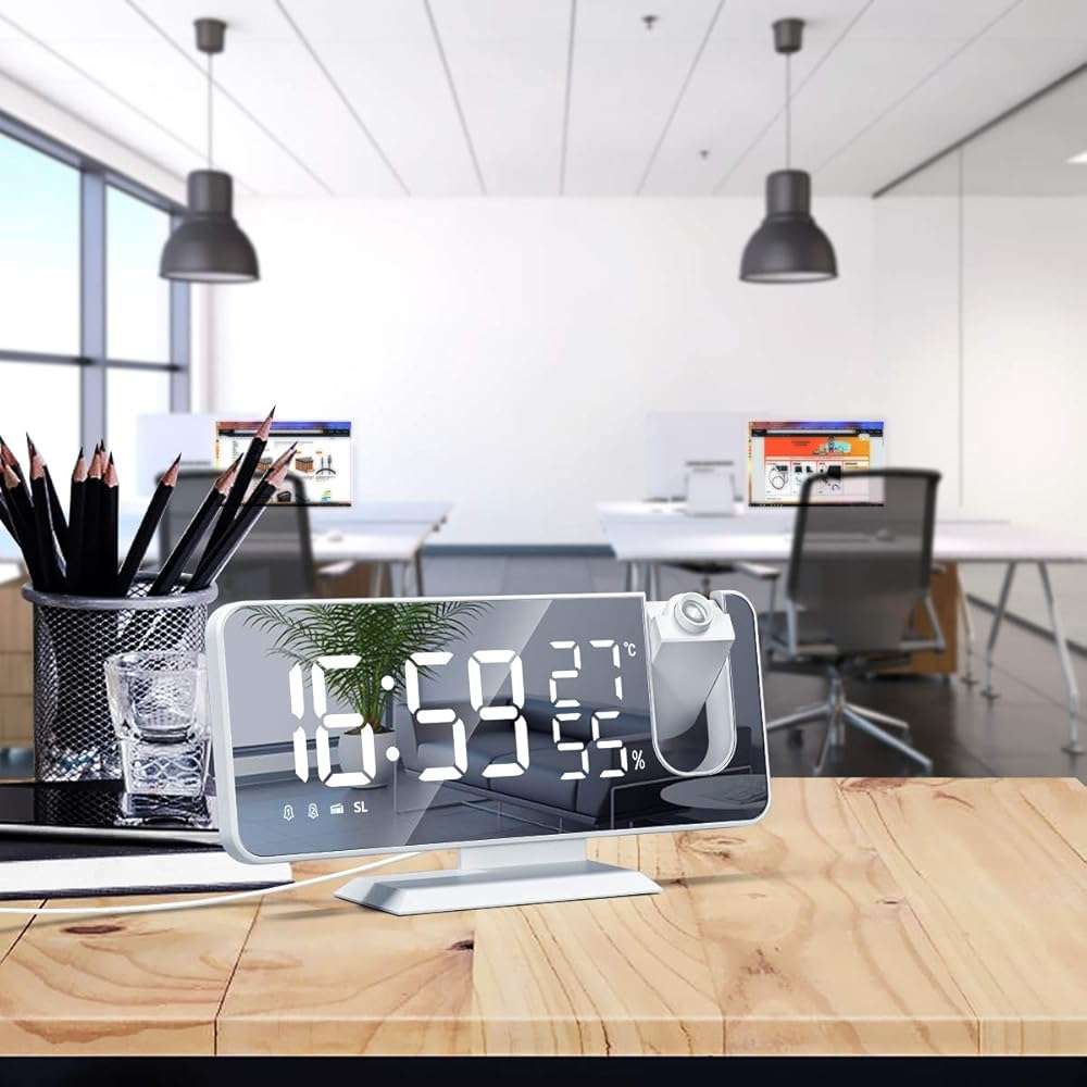 Projection Digital Alarm Clock for Bedrooms, Clock Radio on Ceiling, USB Charger Port, Temperature & Humidity Display, 7.3” Large Mirror LED Display,12/24H,Snooze,Dual Loud Alarm Clock- 4 Dimmer - Image 2