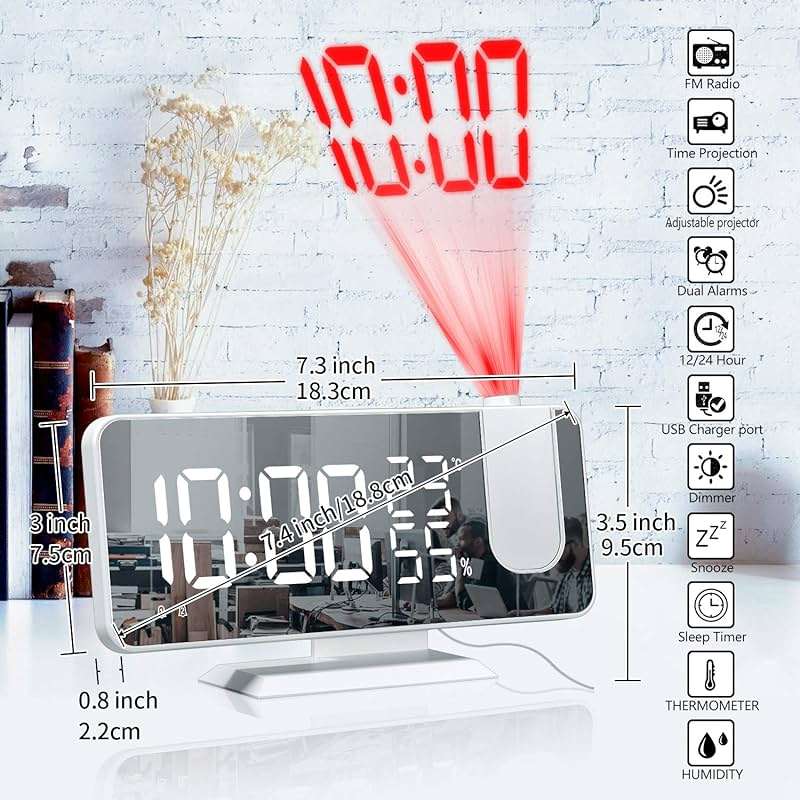 Projection Digital Alarm Clock for Bedrooms, Clock Radio on Ceiling, USB Charger Port, Temperature & Humidity Display, 7.3” Large Mirror LED Display,12/24H,Snooze,Dual Loud Alarm Clock- 4 Dimmer - Image 3
