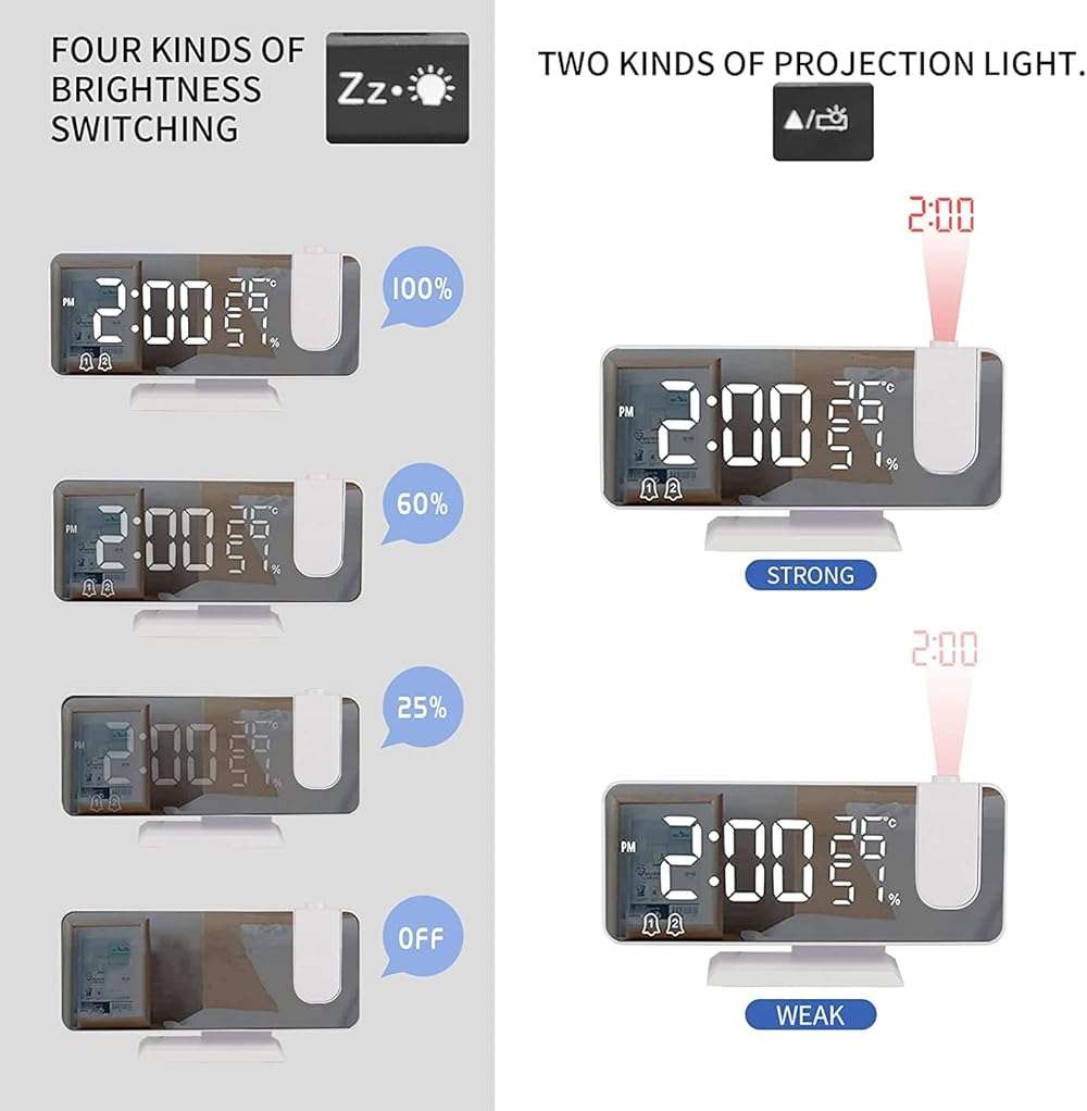 Projection Digital Alarm Clock for Bedrooms, Clock Radio on Ceiling, USB Charger Port, Temperature & Humidity Display, 7.3” Large Mirror LED Display,12/24H,Snooze,Dual Loud Alarm Clock- 4 Dimmer - Image 6