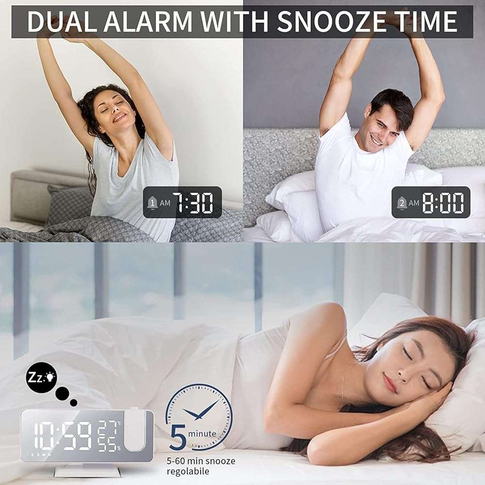 Projection Digital Alarm Clock for Bedrooms, Clock Radio on Ceiling, USB Charger Port, Temperature & Humidity Display, 7.3” Large Mirror LED Display,12/24H,Snooze,Dual Loud Alarm Clock- 4 Dimmer - Image 7