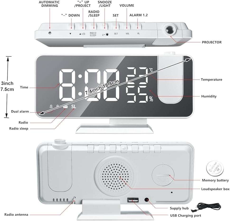 Projection Digital Alarm Clock for Bedrooms, Clock Radio on Ceiling, USB Charger Port, Temperature & Humidity Display, 7.3” Large Mirror LED Display,12/24H,Snooze,Dual Loud Alarm Clock- 4 Dimmer - Image 8