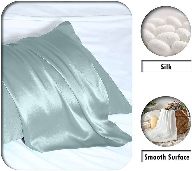 Mulberry Silk Pillowcase for Hair and Skin Standard Size 20"X 26" with Hidden Zipper Soft Breathable Smooth Cooling Pillow Covers for Sleeping(Haze Blue,1Pcs) - Image 2