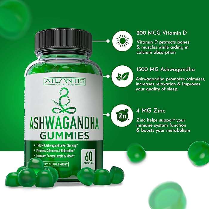 Atlantis Nutrition Ashwagandha Gummies - Ashwagandha Extract 30:1 - Promotes Calmness, Improves Mood, Boosts Energy Levels & Strengthens Immune System - Formulated w/Vitamin D & Zinc - Vegan | 60 Ct - Image 3
