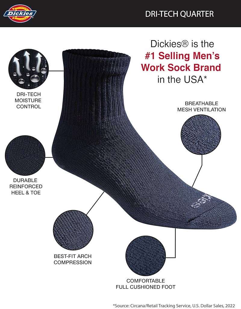 Dickies Men's Dri-Tech Moisture Control Quarter Socks, Available in M-XXL (6, 12, 18 Pairs) - Image 4