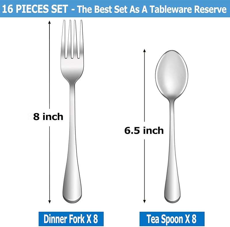 16 Pcs Forks and Spoons Silverware Set,Food Grade Stainless Steel Flatware Cutlery Set for Home,Kitchen and Restaurant,Mirror Polished,Dishwasher Safe - 8 Dinner Fork(8 inch) and 8 Teaspoon(6.5 inch) - Image 2