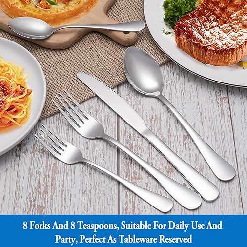 16 Pcs Forks and Spoons Silverware Set,Food Grade Stainless Steel Flatware Cutlery Set for Home,Kitchen and Restaurant,Mirror Polished,Dishwasher Safe - 8 Dinner Fork(8 inch) and 8 Teaspoon(6.5 inch) - Image 7