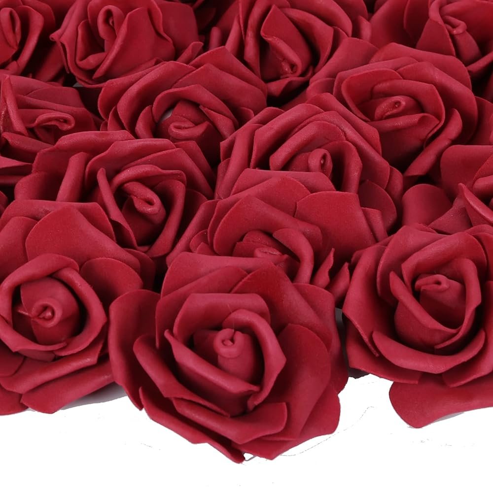 Artificial Rose Flowers,100 pcs Foam Rose Bulk Burgundy Fake Flower Heads for DIY Wedding Bouquets Rose Wall Kissing Balls Bridal Shower Centerpieces Arrangements Party Tables Decorations(Burgundy) - Product Image