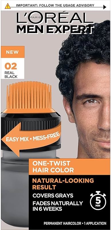 L’Oreal Paris Men Expert One Twist Mess Free Permanent Hair Color, Mens Hair Dye to Cover Grays, Easy Mix Ammonia Free Application, Real Black 02, 1 Application Kit - Product Image