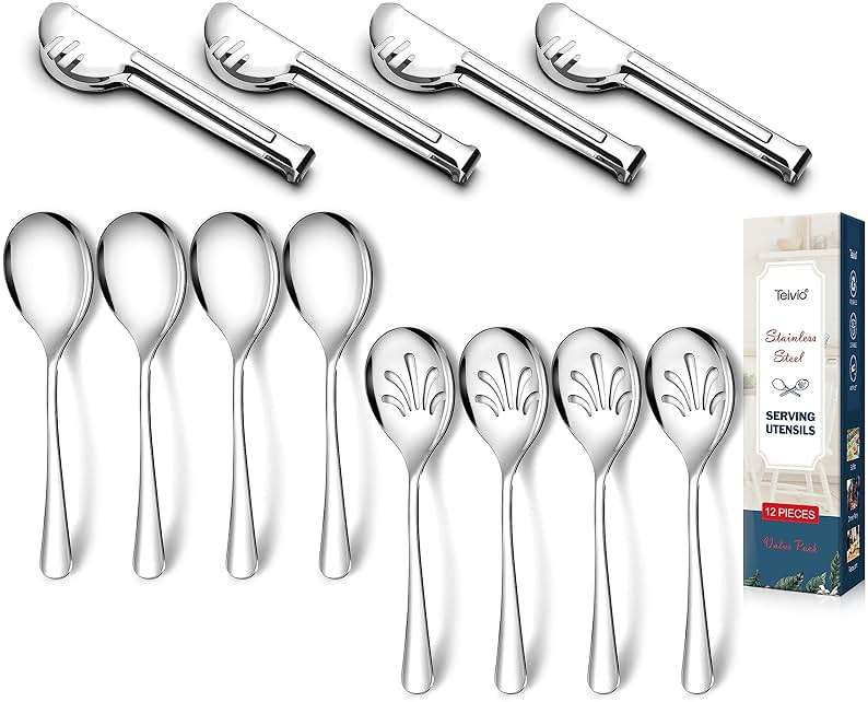 Stainless Steel Metal Serving Utensils - Large Serving sets-10" Spoons, 10" Slotted Spoons and 9" Tongs by Teivio (Silver, Set of 12) - Image 1