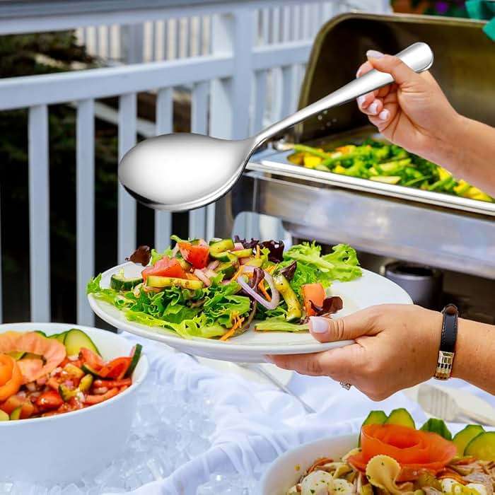 Stainless Steel Metal Serving Utensils - Large Serving sets-10" Spoons, 10" Slotted Spoons and 9" Tongs by Teivio (Silver, Set of 12) - Image 2