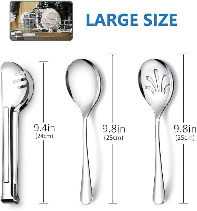 Stainless Steel Metal Serving Utensils - Large Serving sets-10" Spoons, 10" Slotted Spoons and 9" Tongs by Teivio (Silver, Set of 12) - Image 3