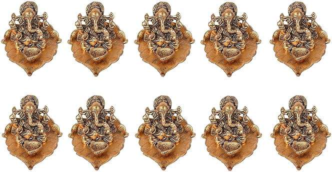 NOBILITY Ganesha on Leaf Statue Gold Ganesh Idol with Diya for Home Office Pooja Puja Diwali Decorative Wedding Return Gift Items 10 Pcs - Image 1