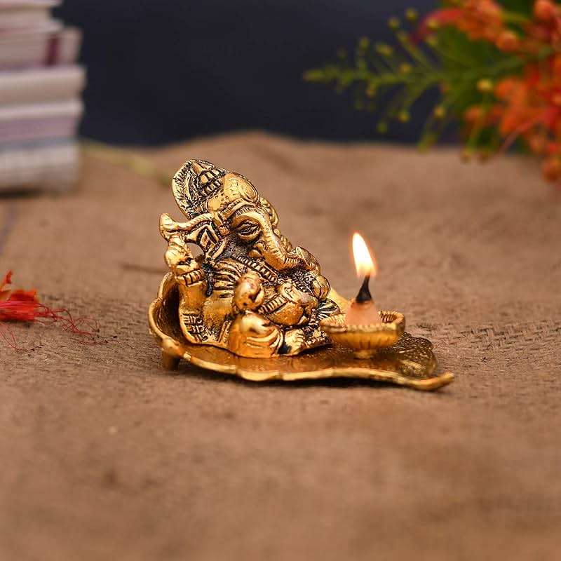 NOBILITY Ganesha on Leaf Statue Gold Ganesh Idol with Diya for Home Office Pooja Puja Diwali Decorative Wedding Return Gift Items 10 Pcs - Image 4