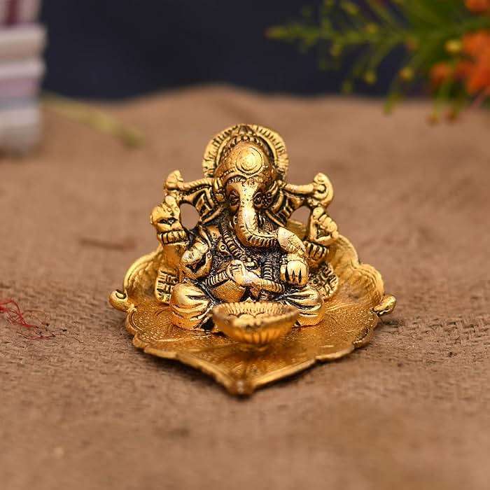 NOBILITY Ganesha on Leaf Statue Gold Ganesh Idol with Diya for Home Office Pooja Puja Diwali Decorative Wedding Return Gift Items 10 Pcs - Image 6