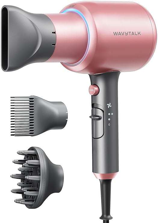Wavytalk Hair Dryer, Blown Away Ionic Hair Dryer for Curly Hair with Diffuser, 1875W Fast Drying Blow Dryer with Ceramic Technology, 3 Attachments for All Hair Types, Light and Quiet, Rose Gold - Image 1
