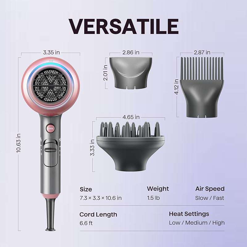 Wavytalk Hair Dryer, Blown Away Ionic Hair Dryer for Curly Hair with Diffuser, 1875W Fast Drying Blow Dryer with Ceramic Technology, 3 Attachments for All Hair Types, Light and Quiet, Rose Gold - Image 6