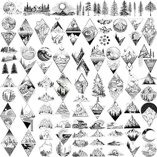 GOROMON 52 Sheets Small Black Mountain Temporary Tattoos For Men Women Adult, Geometric Sea Weave Forest Pine Tree Realistic Tattoo Sticker For Kids Children, Moon Sun Star Triangle Tatoos Outer Space - Image 1