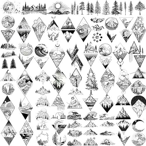 GOROMON 52 Sheets Small Black Mountain Temporary Tattoos For Men Women Adult, Geometric Sea Weave Forest Pine Tree Realistic Tattoo Sticker For Kids Children, Moon Sun Star Triangle Tatoos Outer Space - Product Image