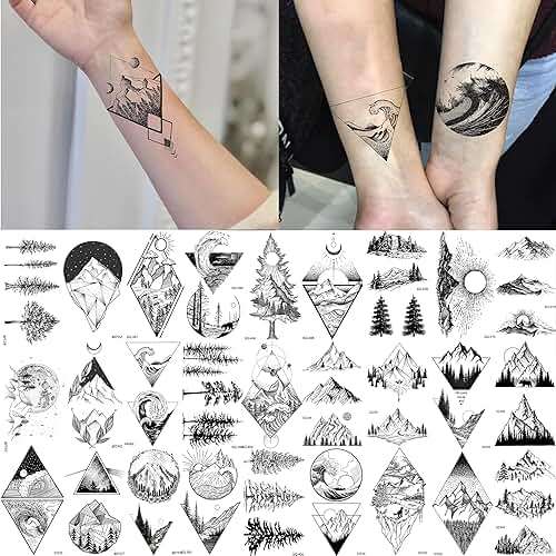 GOROMON 52 Sheets Small Black Mountain Temporary Tattoos For Men Women Adult, Geometric Sea Weave Forest Pine Tree Realistic Tattoo Sticker For Kids Children, Moon Sun Star Triangle Tatoos Outer Space - Image 2